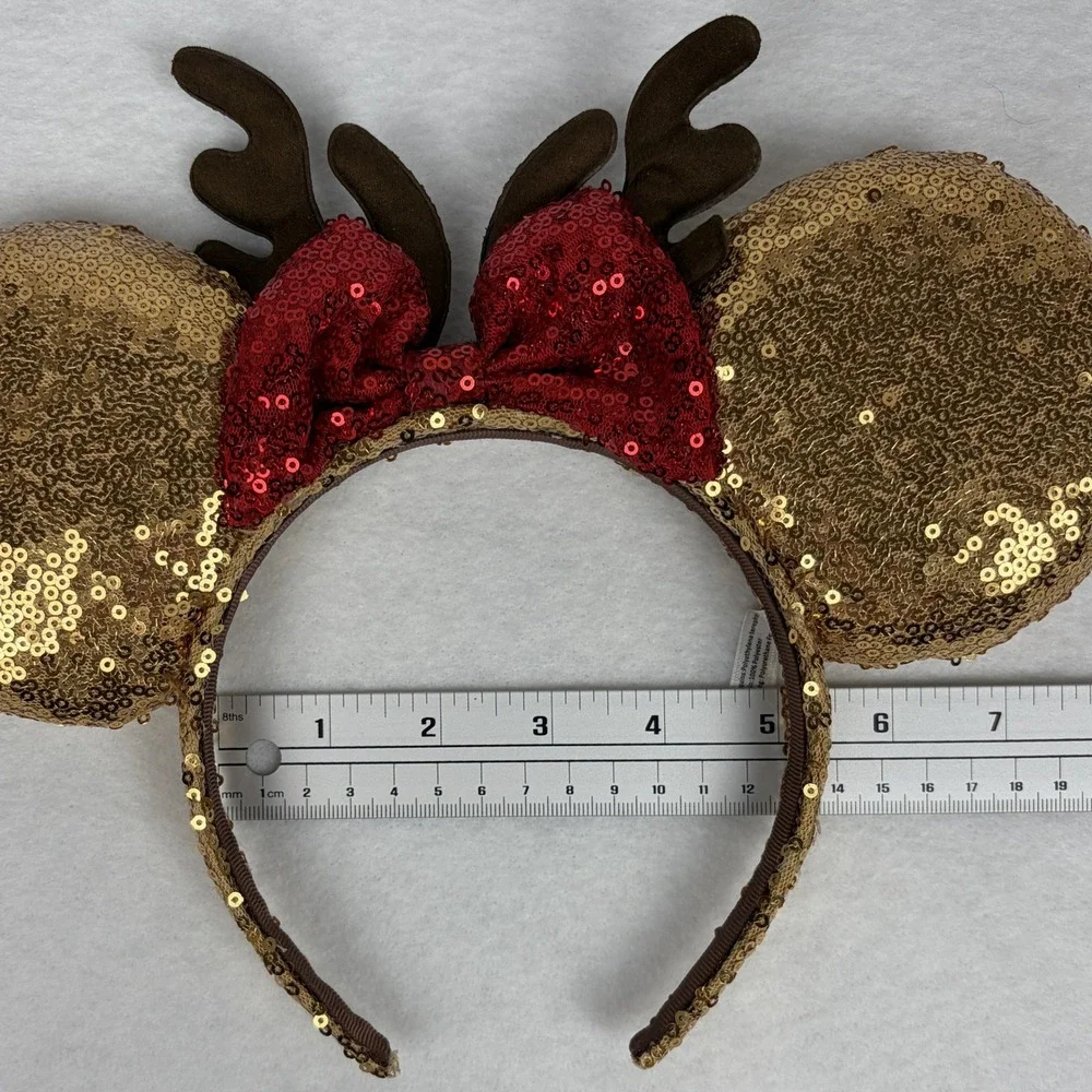 Disney Parks Minnie Mouse Reindeer Headband Gold Red Sequin Holiday Ears Antlers